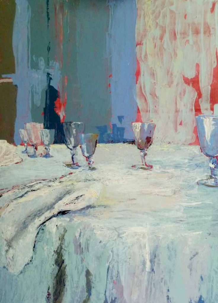 Table desservie sur fond rose - tableau claire fresson